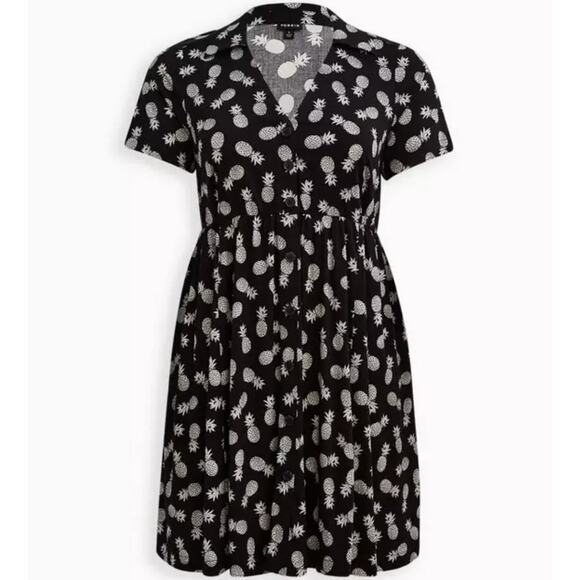 NwoT Torrid Challis Black Pineapple Shirt Dress Button Front Sz 3X Pockets Retro - Picture 2 of 8